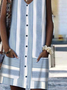 Vacation Striped Printed Casual Loosen Buttoned Pockets Midi Sleeveless Woven Dresses