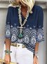 Tribal Printed 3/4 Sleeve V Neck Plus Size Casual Tops