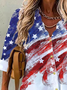 Polyester Fibre V Neck Star Loosen American Flag Casual Long Sleeve Blouse