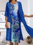 3/4 Sleeves Floral Crew Neck Plus Size Casual Two Piece Dress With Coat