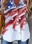 Polyester Fibre V Neck Star Loosen American Flag Casual Long Sleeve Blouse
