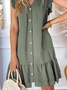 Vacation Flouncing Solid Cotton Loosen V Neck Buttoned Midi Sleeveless Woven Dresses