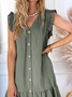 Vacation Flouncing Solid Cotton Loosen V Neck Buttoned Midi Sleeveless Woven Dresses