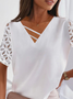 Casual Loosen Solid V Neck Lace Patchwork Sexy Short Sleeve Tops