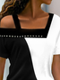 Color Block Loosen Asymmetrical Neck Casual T-Shirt