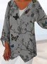 Casual Floral Bird Butterfly V Neck Plus Size Printed Tops