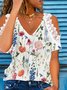 Floral Casual Lace V Neck Loose T-Shirt