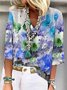 Casual Floral Loose V Neck Three Sleeve Quarter Top