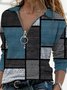 Women's Loose Blouse Geometric Patchwork Long Sleeve Shawl Neck Blouse Fall Spring 2022 