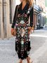 Buttoned V Neck Ethnic Floral Long Sleeve Casual Dress