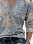 Casual Paisley Autumn Daily Loose Jersey Long sleeve Notched Regular Size T-shirt for Women