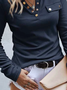 Women Casual Plain Autumn Micro-Elasticity Daily Loose Long sleeve Notched H-Line T-shirt