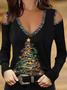 Jersey V Neck Casual Christmas T-Shirt
