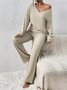 Loose Casual Plain Two-Piece Set Long sleeve Cross Neckv Top With Pants
