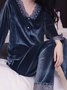 Lace Stitching Gold Velvet Long Sleeve Trousers Loungewear Two Piece