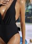 Casual Plain Knot Front V Neck One Piece Swimsuit