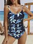 Vacation Scoop Neck Leaf Printing One-Piece