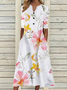 Plus Size Floral Casual V Neck Half Sleeve Buttoned Pockets A-line Dress