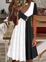 Casual V Neck Color-block Jersey Embroidery Dress