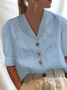 Shawl Collar Short Sleeve Contrast Stitching Buttoned Regular Loose TUNIC Blouse For Women
