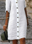 Women Casual Plain Cotton Daily Loose Buttons Three Quarter Regular Midi Dress