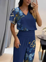 Women's Butterfly Print V Neck Short Sleeve Comfy Casual Top With Pants Two-Piece Set