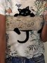 Cat Floral Casual Loose Crew Neck T-Shirt