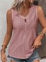 Loose V Neck Casual Buttoned Eyelet Embroidery  Front Tank Top