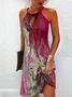 Women Mini Dress Abstract Printed Halter Neck Sleeveless Short Dress