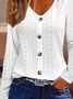Buttoned Plain Casual Eyelet Embroidery Shirt