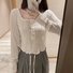 Women Plain Square Neck Long Sleeve Comfy Casual Buckle Top With Pants Two-Piece Set