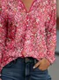 Casual Floral Notched Long Sleeve T-shirt