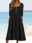 Women Plain Square Neck Long Sleeve Comfy Elegant Buttoned Midi Dress