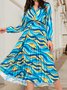 Women Color Block V Neck Long Sleeve Comfy Boho Maxi Dress