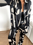 Women Abstract Graphic Shawl Collar Long Sleeve Comfy Casual Top With Pants Two-Piece Set