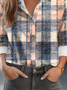Shirt Collar Long Sleeve Plaid Buckle Regular Micro-Elasticity Loose Blouse For Women