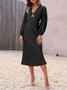 Women Plain V Neck Long Sleeve Comfy Casual Cut-outs Midi Dress
