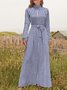 Women Striped Stand Collar Long Sleeve Comfy Casual Maxi Dress