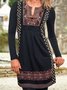 Women Ethnic Notched Long Sleeve Comfy Boho Midi Dress