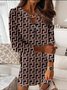 Women Geometric V Neck Long Sleeve Comfy Casual Zipper Short Dress