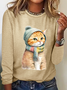 Crew Neck Long Sleeve Cat Regular Micro-Elasticity Regular Fit Shirt For Women