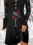 Women Christmas Wine Glass Long Sleeve Comfy Casual Buckle Midi Dress