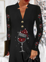 Women Christmas Wine Glass Long Sleeve Comfy Casual Buckle Midi Dress