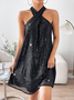 Women Plain Halter Long Sleeve Comfy Casual Glitter Short Dress