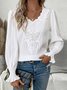Women V Neck Long Sleeve Plain Lace Regular Loose Shirt