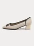 Simple Color Block Breathable Slip On Block Heel Shallow Shoes Embroidery