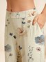 Women Casual Linen Floral Print Long Loose Pants