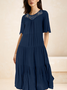 Women Solid Smocked Ruffle Pleated Comfy Casual Midi Dress