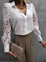 Shirt Collar Long Sleeve Plain Lace Regular Loose Blouse For Women