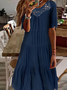 Women Solid Smocked Ruffle Pleated Comfy Casual Midi Dress